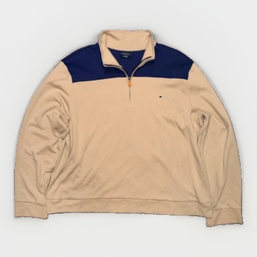 Crown & Ivy 1/4 Zip Pullover Sweater Mens Size XXL 2XL Tan Blue Colorblock Logo